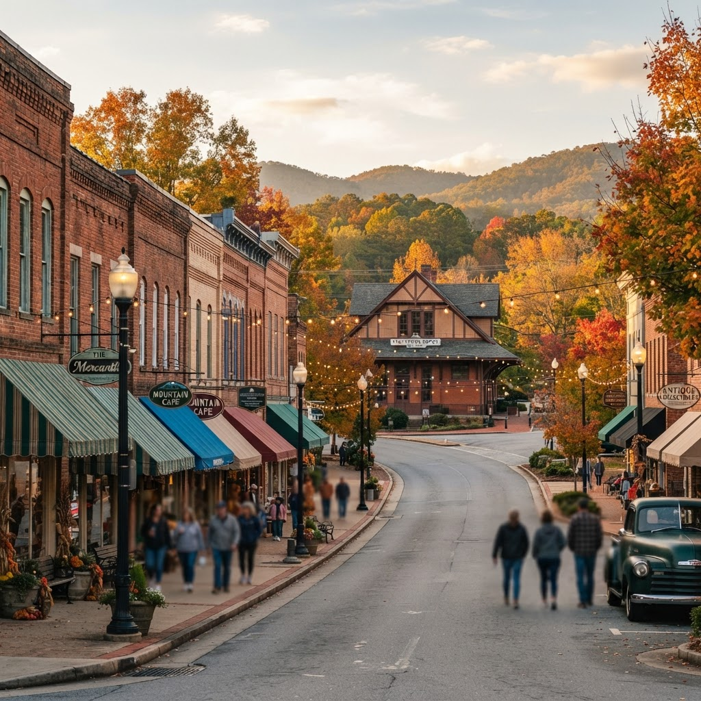 Downtown Blue Ridge, Georgia main street with brick storefronts and autumn trees