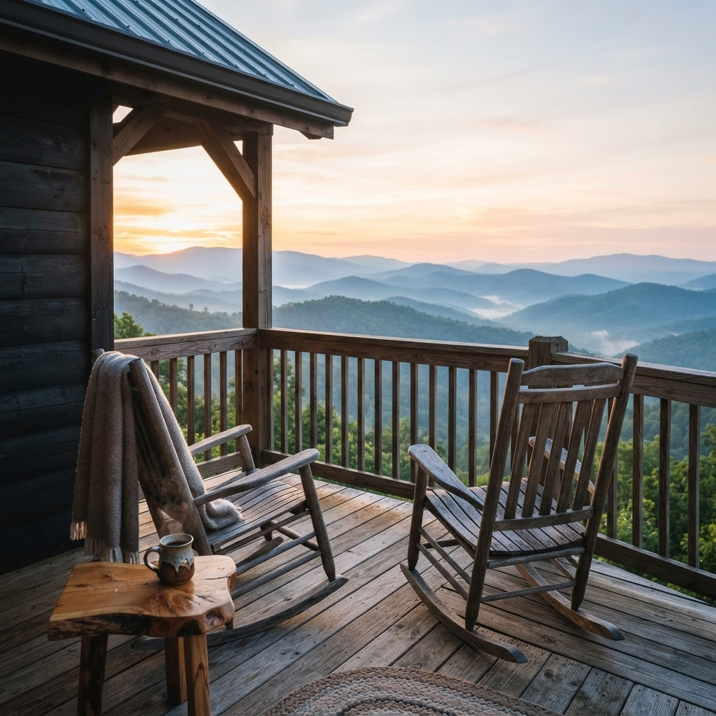 Rocking chairs on a cabin porch overlooking misty mountain ridges at sunrise