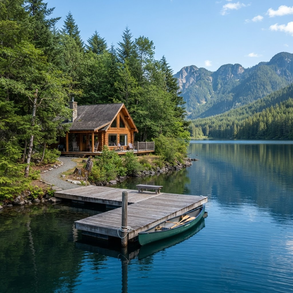 Cedar lakefront cabin with a private dock on a calm mountain lake