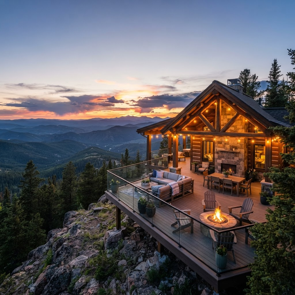 Mountaintop cabin with a wraparound deck overlooking layered ridges at sunset